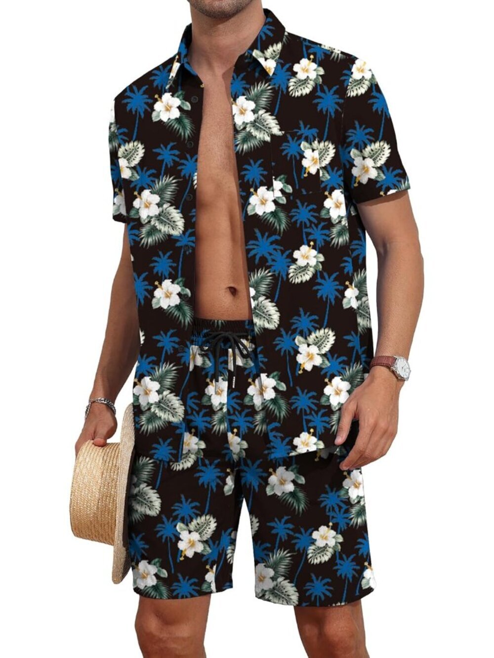 Mens Flower Hawaiian 2 Piece Outfit Sets Short Sleeve Beach Casual Button Down S